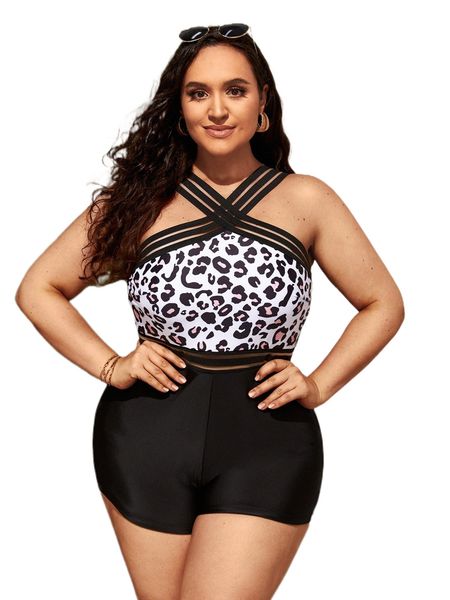

plus leopard print mesh insert one piece swimsuit l8w3#, White;black