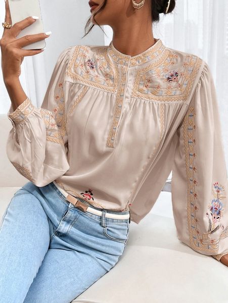 

floral embroidery mock neck blouse g8ev#, White