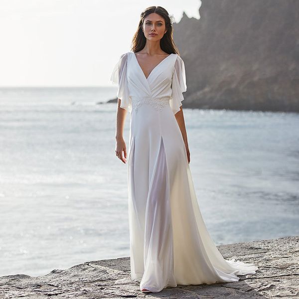Elegante boho praia vestido de noiva de manga curta v-pescoço aberto de volta longos vestidos de noiva boêmio 2022 uma linha noiva vestidos de noiva robes de mariee