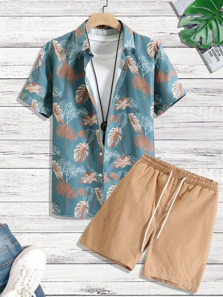

men random tropical print shirt & drawstring shorts without tee k5xn#, Gray