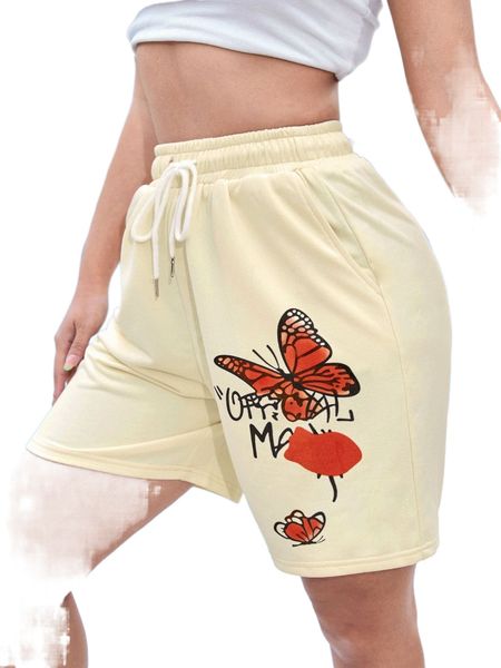 

sxy butterfly & letter print drawstring waist shorts 39yv#, White;black