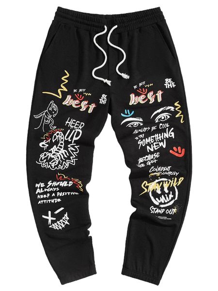 

men slogan & cartoon graphic drawstring waist sweatpants x0zj#, Black
