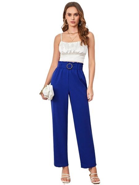 

paperbag waist o-ring belted tailored pants u3eb#, Black;white