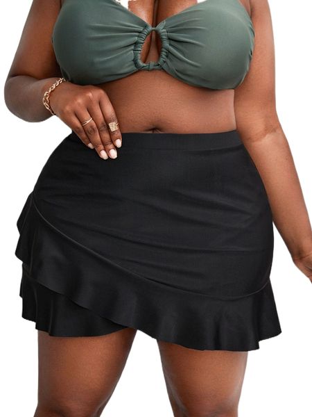 

plus ruffle trim wrap hem beach skirt r08l#, Black