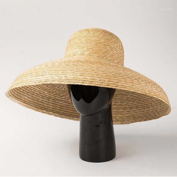 Cappelli a tesa larga Cappello di paglia da donna elegante Tipo a campana Grande sole Casual Grano naturale Estate Spiaggia Ombra da viaggio per donna