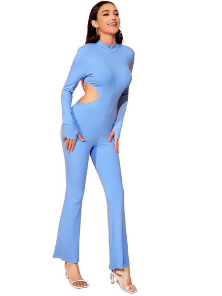 

x xclusive habit rib-knit cut out zipper front jumpsuit e2gs#, Black;white