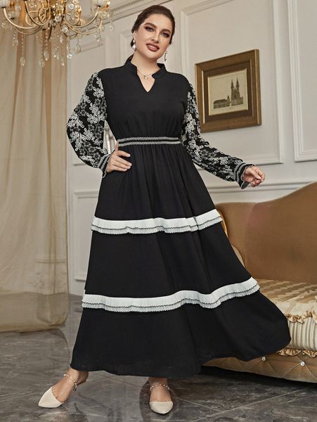 

plus floral print flounce sleeve layered dress o1x5#, Black