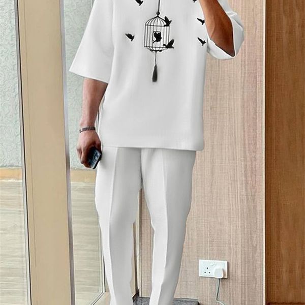 

incerun men printing sets muslim fashion oneck hafl sleeve t shirt pants 2pcs streetwear loose men casual suits s5xl 220704, Gray