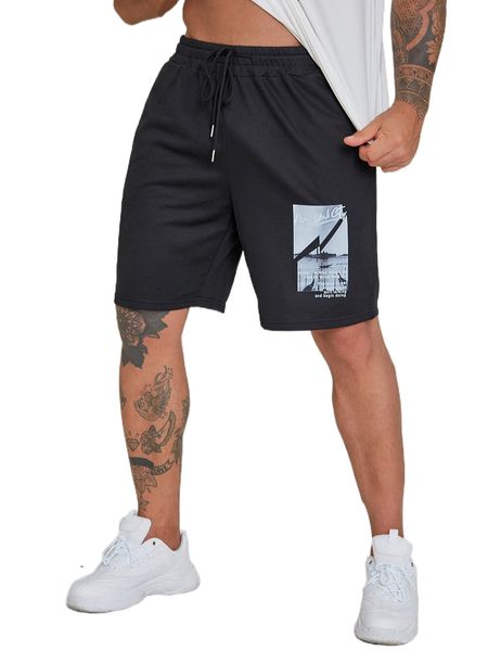 

extended sizes men slogan graphic drawstring waist shorts n0xj#, White;black