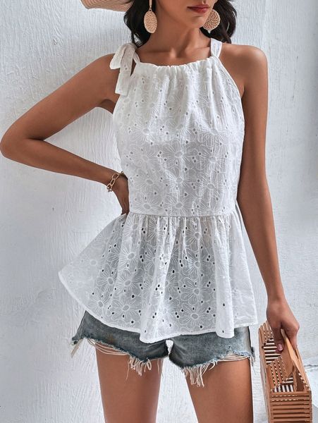 

eyelet embroidery knot shoulder peplum blouse i7kh#, White