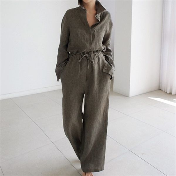 

lanmrem 2020 autumn new casual fashion temperament women loose solid color long sleeved drawstring belt jumpsuit lj201029, Black;white