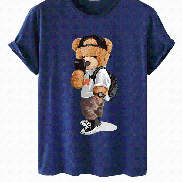 

men's t-shirts high-quality street selfie bear print cotton short-sleeved o-neck loose casual t-shirt female oversized couple, White;black