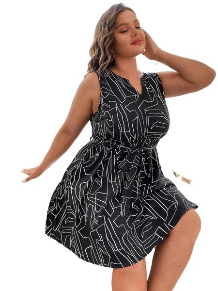 

plus allover print notched neck belted dress b3vu#, Black