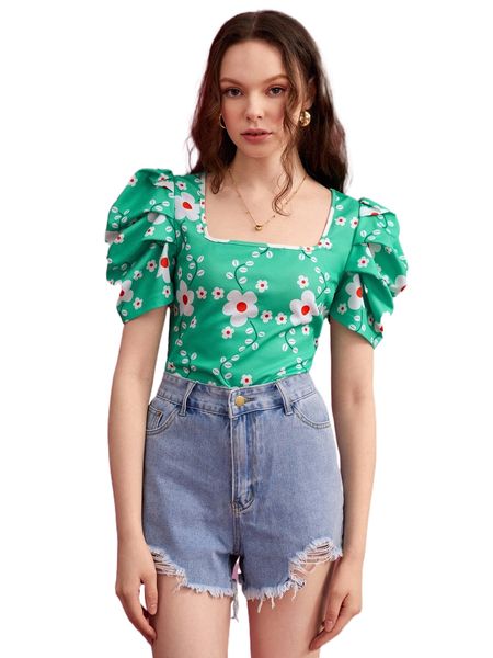 

x squid house floral print square neck puff sleeve tee 84ze#, White