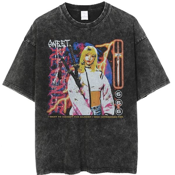 Homens streetwear camiseta hip hop pintura menina impressa camiseta harajuku algodão tops camisetas manga curta vintage lavado tshirt 220812