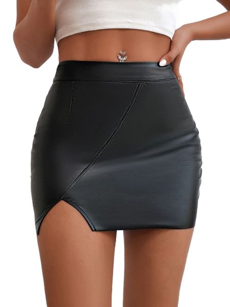 

petite solid pu bodycon skirt e4hk#, Black