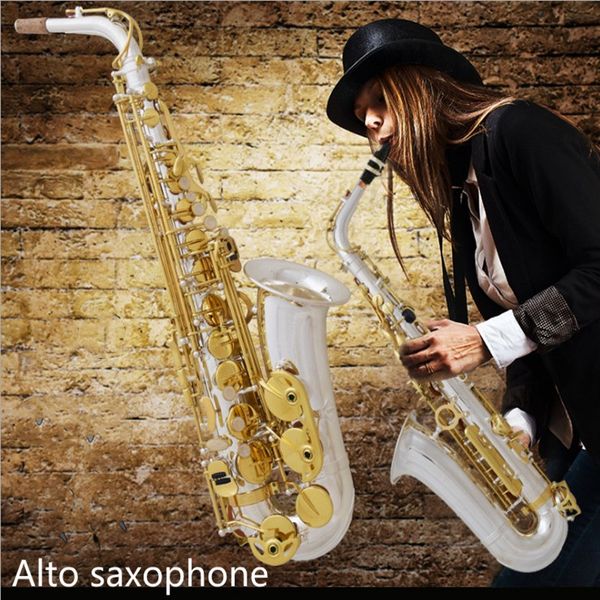 Argento dorato Eb Sassofono contralto Sax Corpo in ottone Chiavi a conchiglia bianca Strumento a fiato con custodia per il trasporto Guanti Cinghie per collo Sax