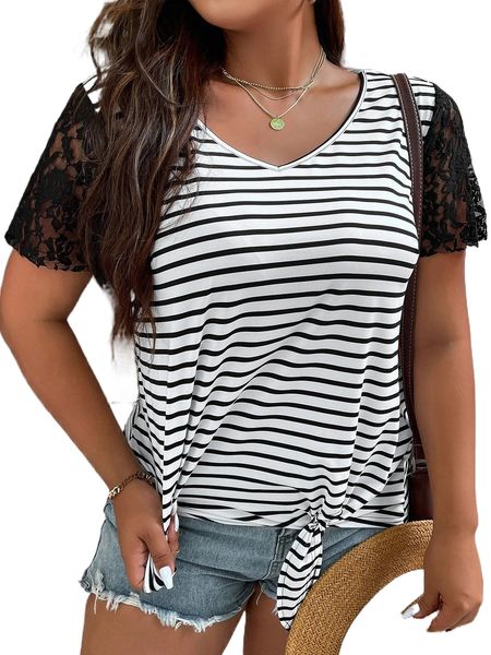 

plus striped contrast lace tie hem tee w5b7#, Black