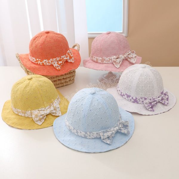 

floral printed baby bucket hat cartoon bows soft hollow newborn sun hat princess breathable kids infant girl fisherman caps, Yellow