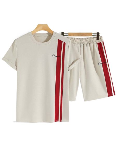 

men color block letter graphic tee & shorts u8sv#, Gray
