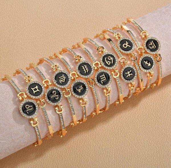 12 sinais do zodíaco moda diamante constelação pulseira mulheres simples elegante ouro banhado a ouro jóias pulseira de manguito