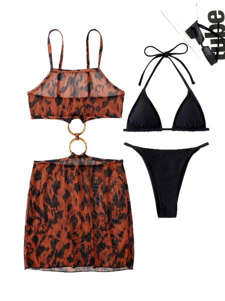 

halter triangle bikini swimsuit with ring linked cover up g25w#, White;black