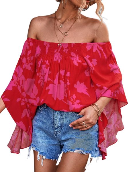 

floral print off shoulder shirred blouse w0uq#, White