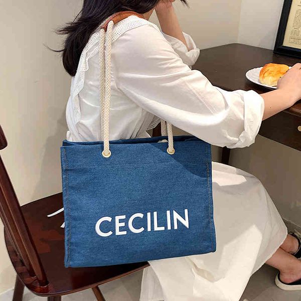 

large capacity lazy hemp rope handbag women's bag 2022 new denim canvas tote bag leisure mommy shopping bag
