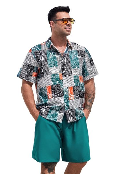 

extended sizes men patchwork and paisley print shirt & drawstring waist shorts 07f0#, Gray
