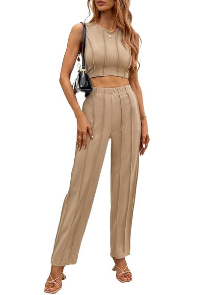 

seam detail crop tank & pants q2m8#, White