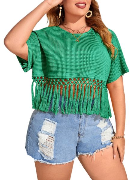 

plus drop shoulder fringe hem tee e7pj#, Black
