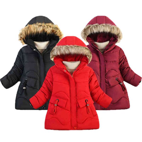 

long style winter warm keep girls jacket thick fur collar fashion hooded outerwear jacket for kids children christmas gift j220718, Blue;gray