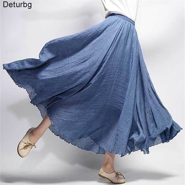 

womens elegant high waist linen maxi skirt summer ladies casual elastic waist 2 layers skirts saia feminina 20 colors sk53 220701, Black