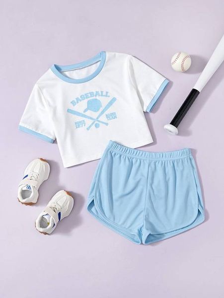 

girls baseball & letter graphic tee & shorts she, White