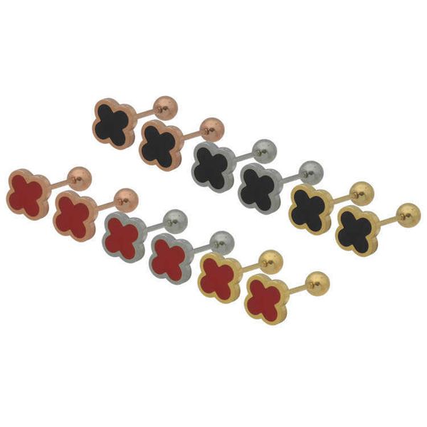 

titanium steel jewelry is popular and versatile. red black oil dripping four leaf flower round bead earrings for women's simple earring, Golden;silver
