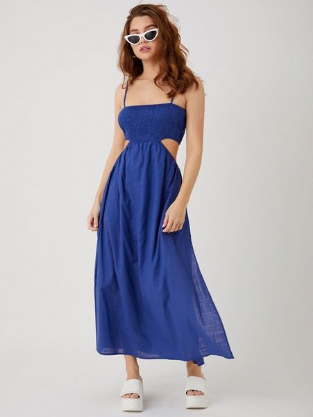 

split thigh shirred dress a93j#, Black;gray