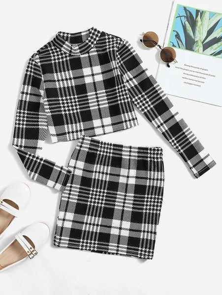 

girls plaid mock neck & skirt she, White