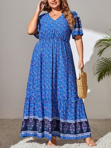 

plus floral print butterfly sleeve ruffle hem dress m71e#, Black
