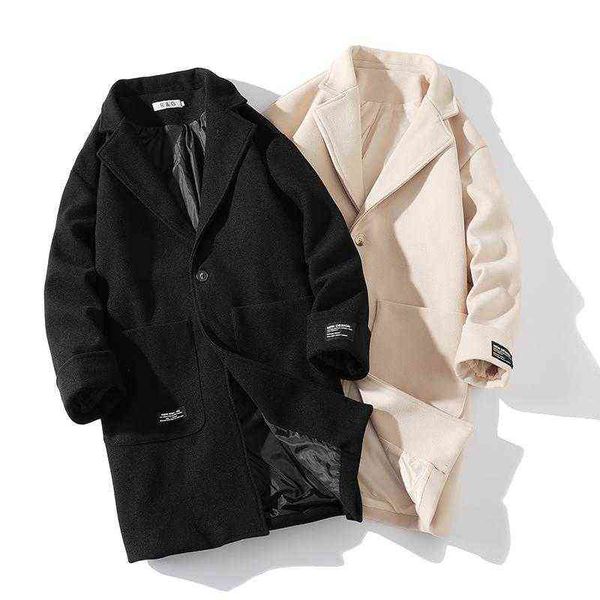 

men's wool & blends m-8xl long woolen jacket loose fashion casual pure color blended jacket korean oversized t220810, Black