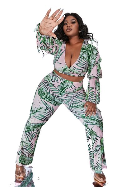 

sxy plus gathered sleeve tropical print and pants set 549v#, Black