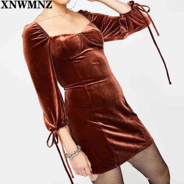 

xnwmnz za fashion velvet square collar bodycon dress spring women brown elastic mini female streetwear vestidos 210513, Black;gray