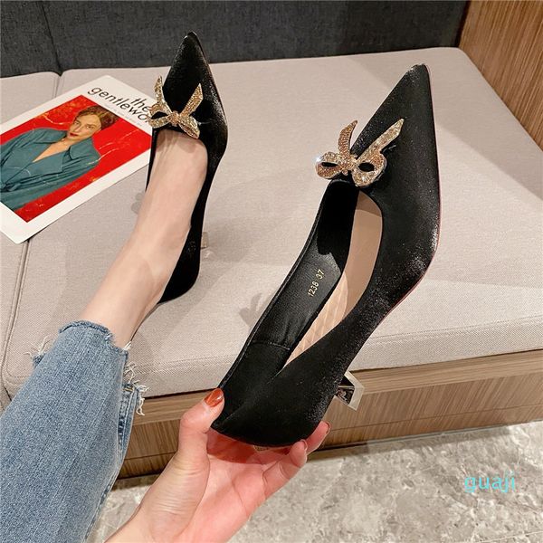 

dress shoes designer french high heels women's autumn style thin pointed head versatile temperament medium shallow mouth single sho, Black