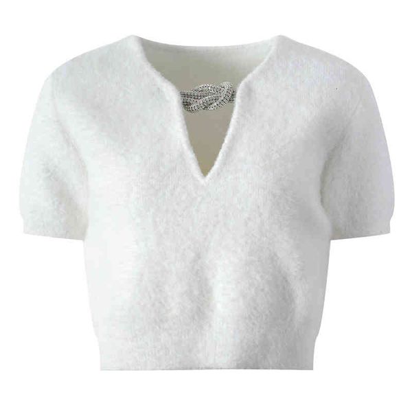 

women's knits tees early spring short tight sweater diamond chain v-neck knit bottoming shirt women's sleeves oobx, White