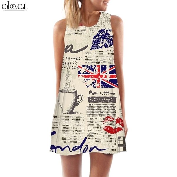

women tank retro vintage spapers 3d print british flag loose dress mini short party female vest dress w220617, Black;gray