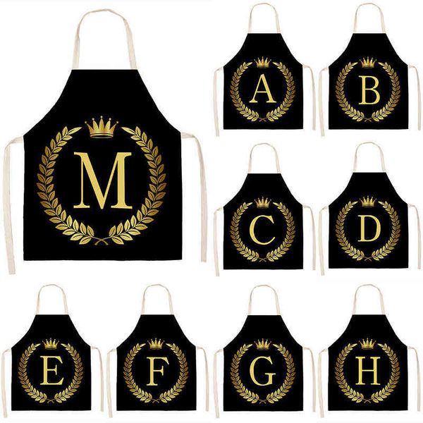 Schwarz Goldene Krone Brief Alphabet Drucken Küchenschürze für Frau Mann Baumwolle Leinen Schürzen Für Kochen Hause Reinigung Werkzeuge 53*65 cm Y220426