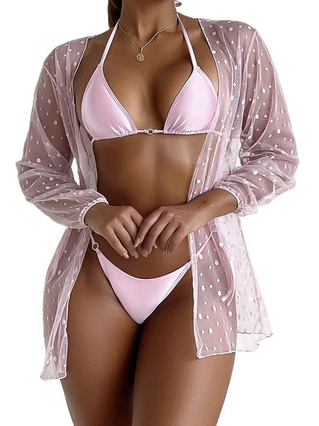 

knot halter triangle bikini swimsuit with kimono i25v#, White;black
