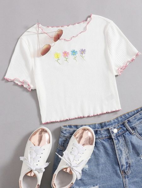 

floral embroidered contrast lettuce edge crop tee b7dy#, White