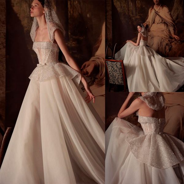 

princess luxurious shiny ball gown wedding dresses bateau neck sleeveless strapless lace appliques sequins floor length train ruffles plus, White