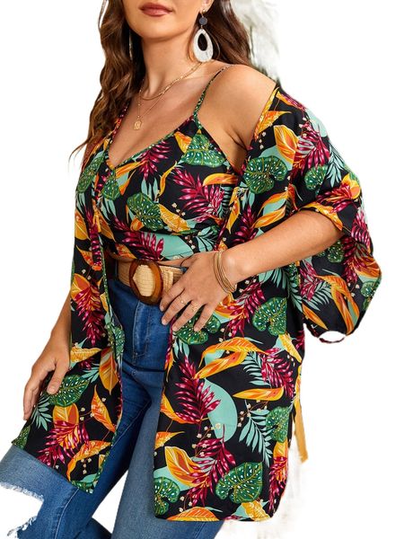 

plus tropical print batwing sleeve kimono & cami f7yh#, Black