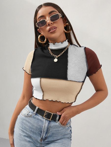 

colorblock contrast stitch lettuce trim rib-knit tee 16uq#, White